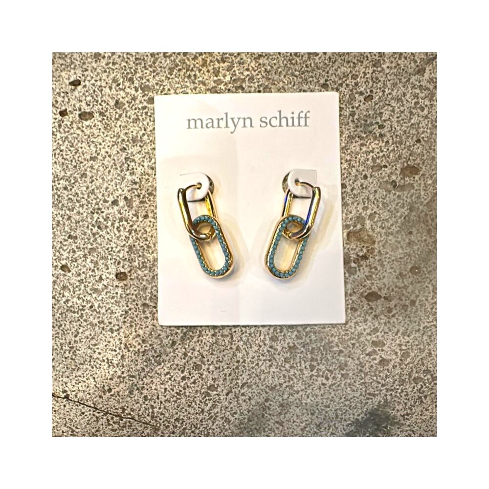 $50 Marlyn Schiff Chain Link Drop Earrings with Turquoise Gold Tone NWT